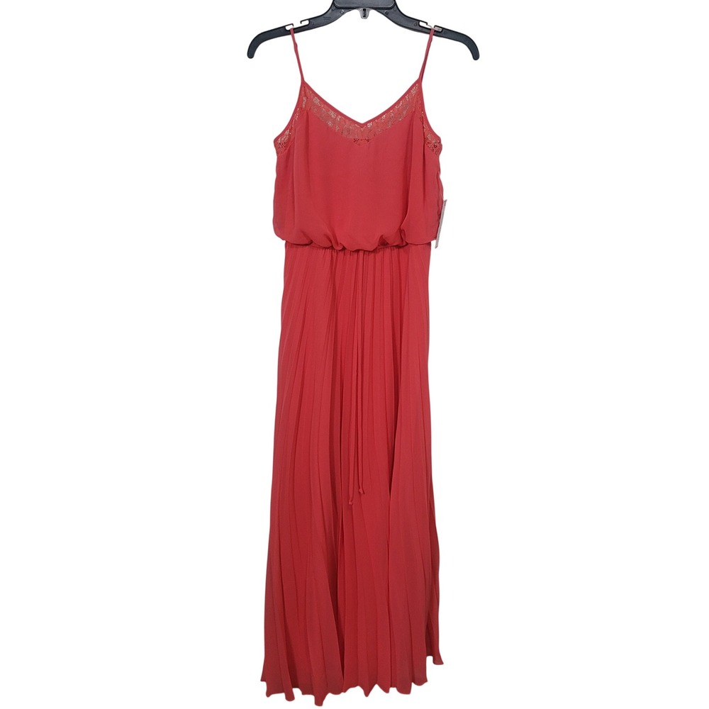 Bisou Bisou Size 4 Maxi Dress Womens Flame Orange Pleated Lace V-Neck New